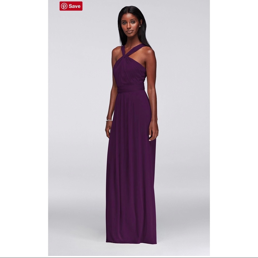 David’s Bridal Y-Neck Long Mesh Bridesmaid dress.